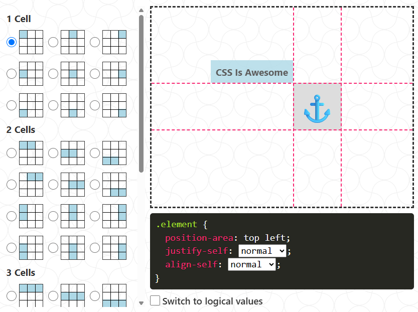 A grid layout demo showing various cell configurations and an anchor icon with the text 'CSS Is Awesome' positioned at the top left.