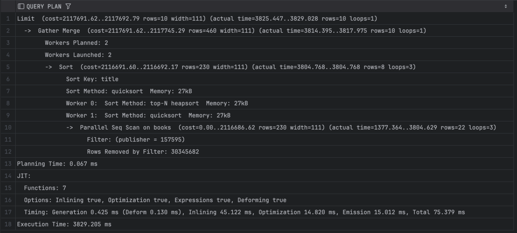 A detailed execution plan showing the performance analysis of a query in Postgres, including sorting and filtering operations.