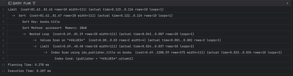 A query plan execution analysis demonstrating performance improvements after creating an index on the 'books' table in Postgres.