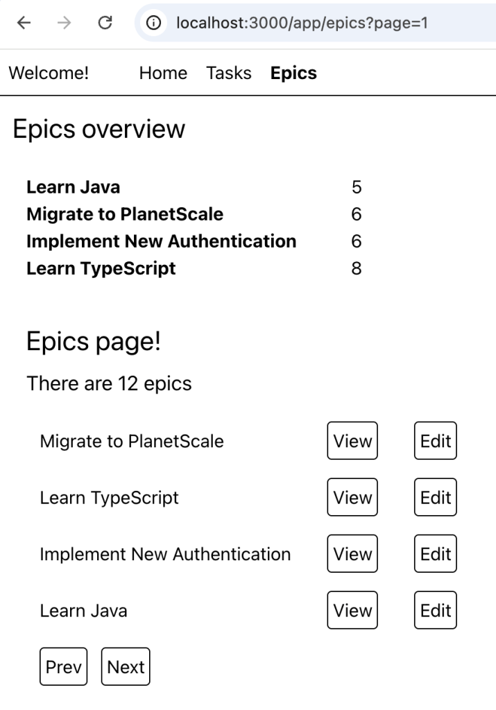 A web application displaying an epics overview with a list of projects, their completion status, and navigation buttons.
