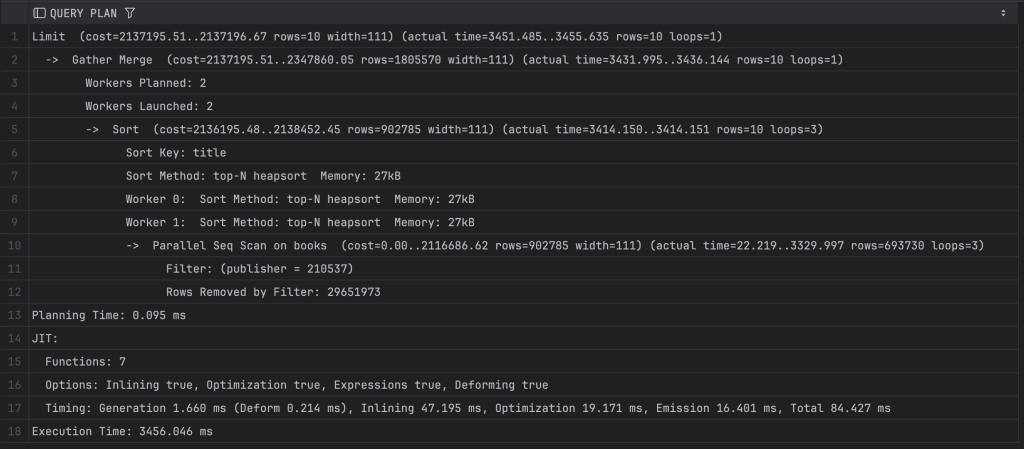 A detailed query plan output for a PostgreSQL database showing execution details, including cost, rows returned, and time taken for sorting and scanning operations.