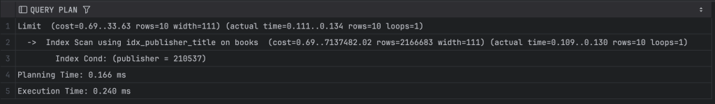 Execution plan showing the limit, index scan using idx_publisher_title on books, and the planning and execution times.