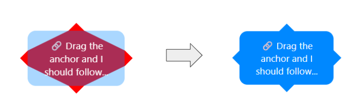 Comparison of tooltip shapes demonstrating the transition from a red diamond shape to a blue rounded shape with the text 'Drag the anchor and I should follow...'