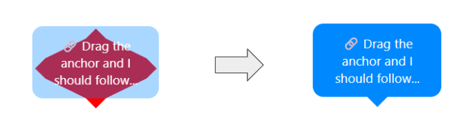 Comparison of tooltip designs showing a red diamond-shaped tooltip on the left and a blue rectangular tooltip on the right, both displaying the text 'Drag the anchor and I should follow...'.