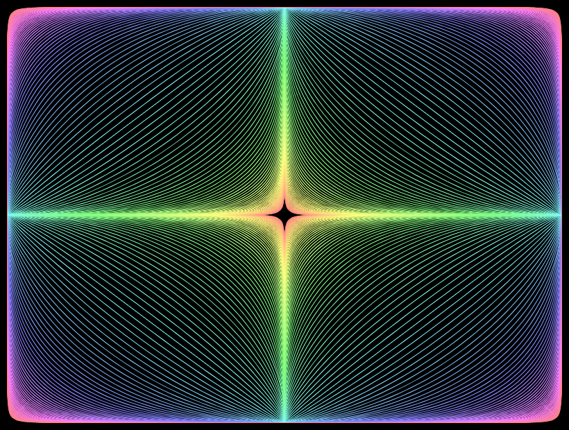 A colorful geometric design featuring lines and curves arranged in a symmetrical pattern, resembling a superellipse with a vibrant gradient from black to neon colors.